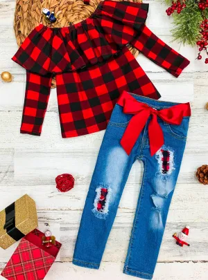 Playful Plaid Patched Jeans Set