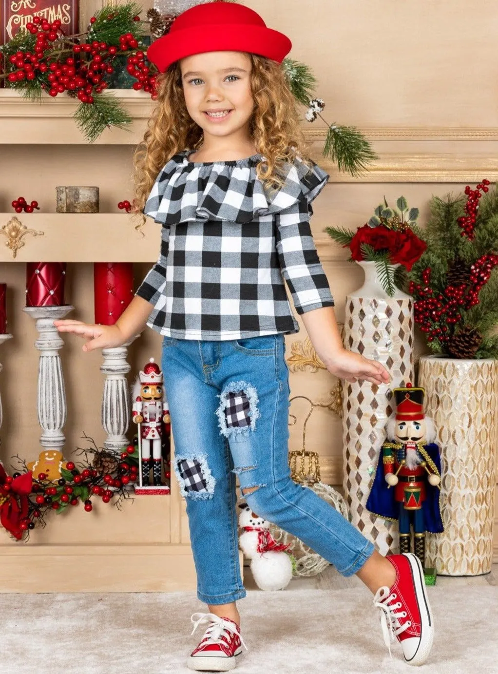 Playful Plaid Patched Jeans Set