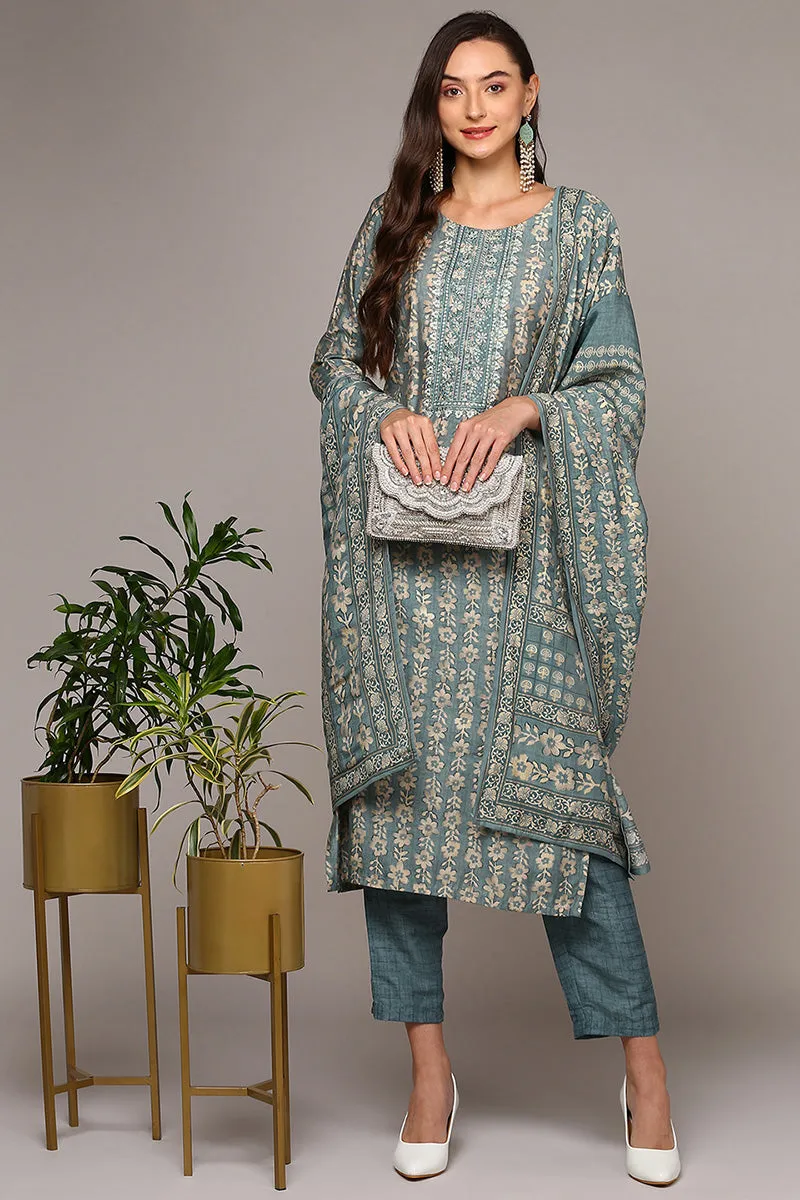 Plus Size Grey Silk Blend Printed Straight Suit Set