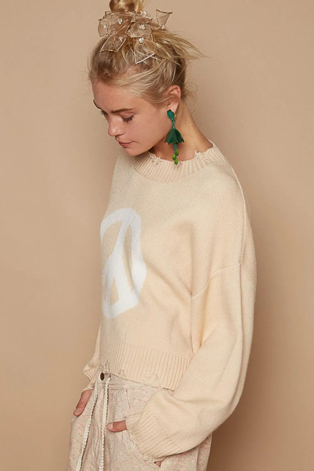 POL Round Neck Sweater Long Sleeve Peace Sign Knitwear