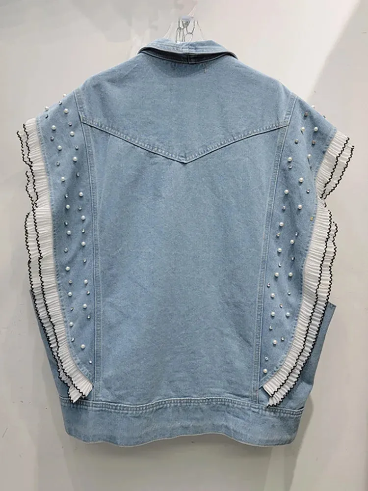 Pre Order:  Denim Ruffled Edge Patchwork Pearl Loose Vest