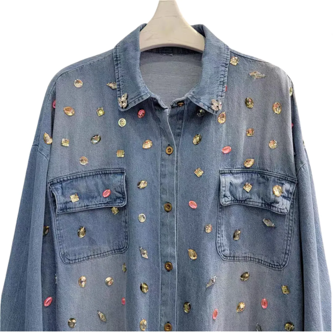 Pre Order:  Diamond Nail Bead Long Sleeve Denim Shirt