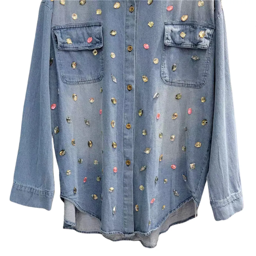 Pre Order:  Diamond Nail Bead Long Sleeve Denim Shirt