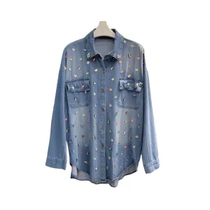 Pre Order:  Diamond Nail Bead Long Sleeve Denim Shirt