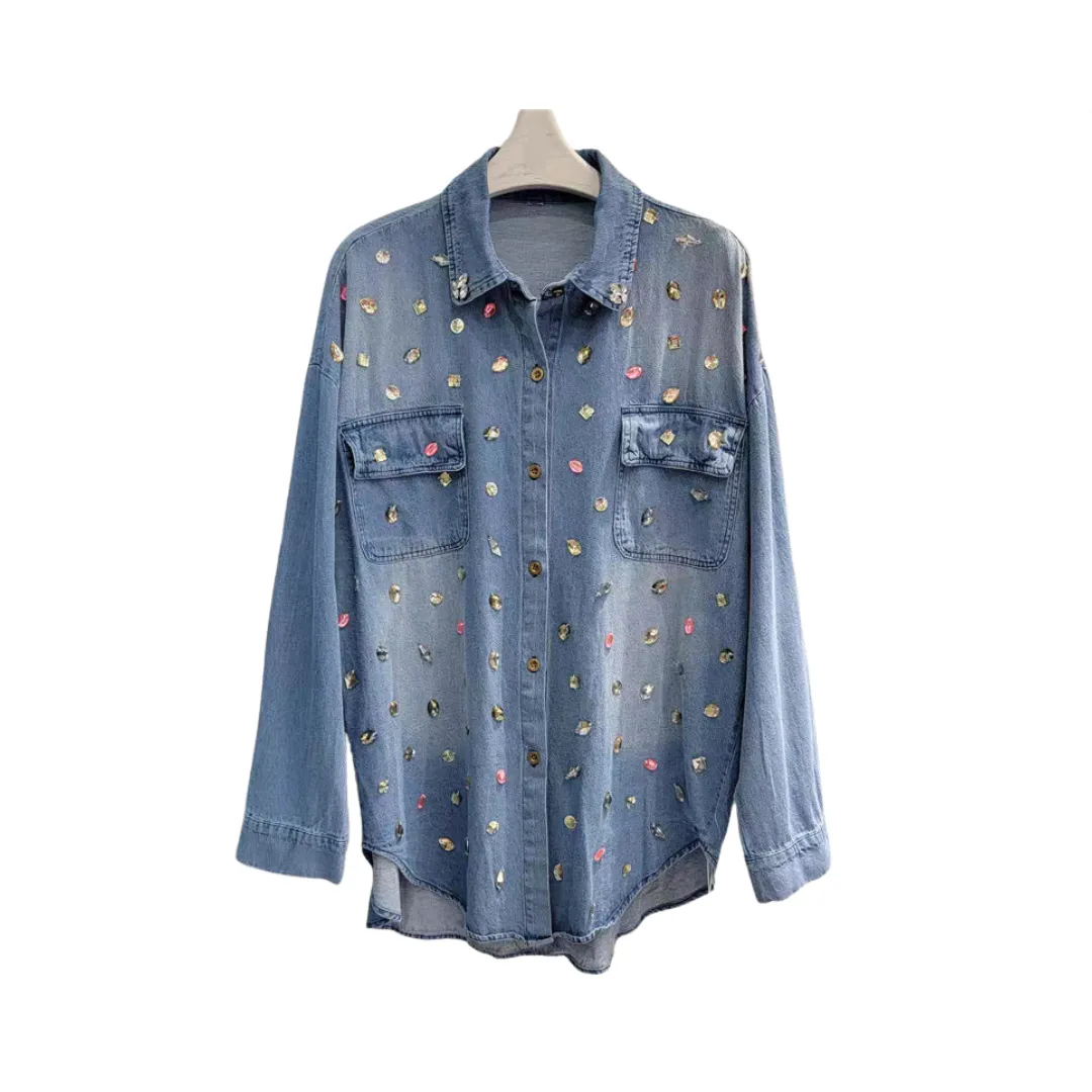 Pre Order:  Diamond Nail Bead Long Sleeve Denim Shirt