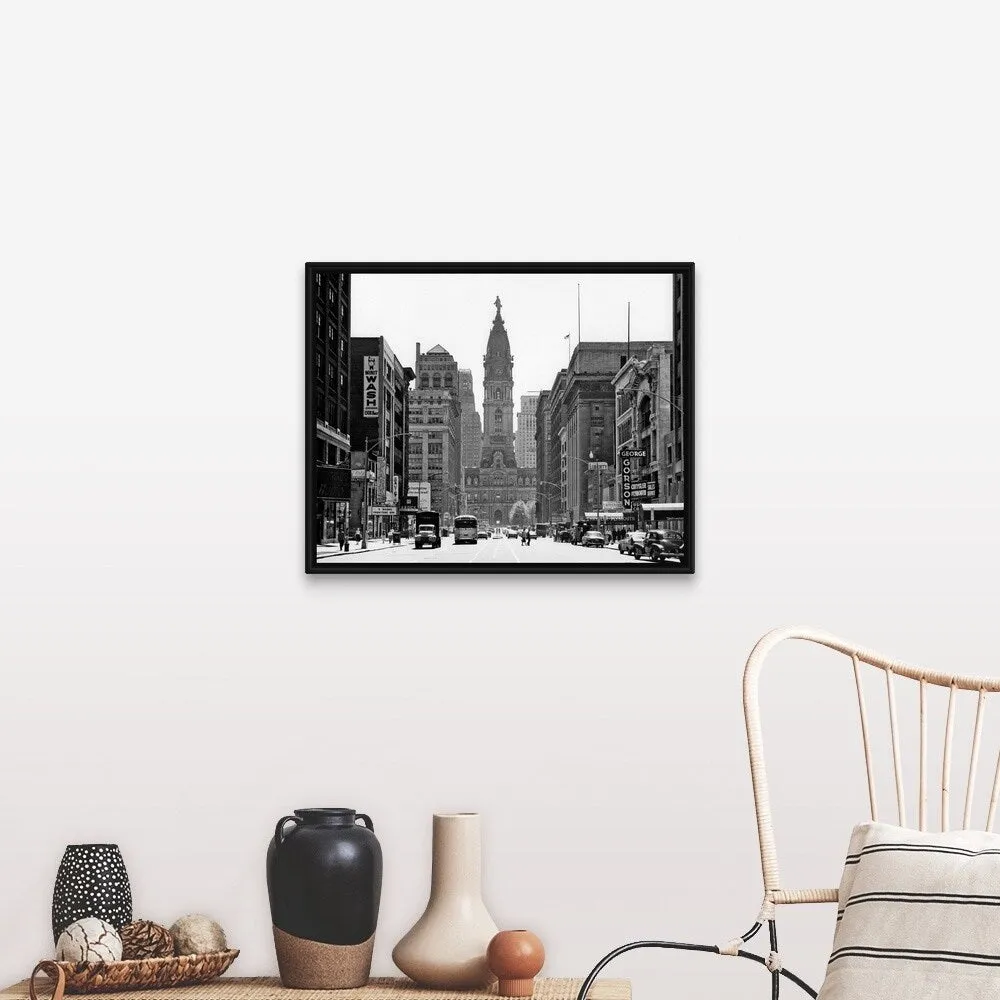 "1950's Downtown Philadelphia Pa USA Looking South Down North Broad Street At " Black Float Frame Canvas Art