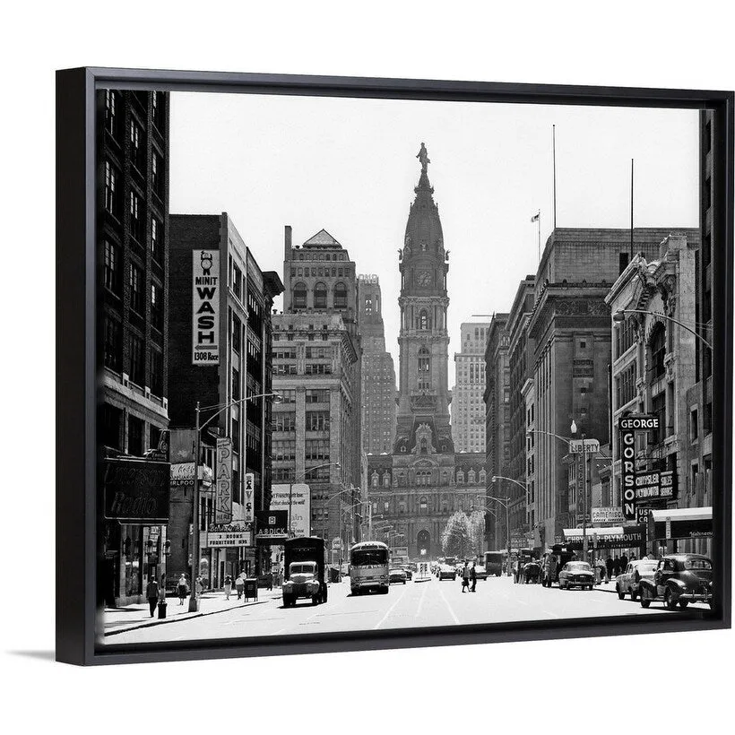 "1950's Downtown Philadelphia Pa USA Looking South Down North Broad Street At " Black Float Frame Canvas Art