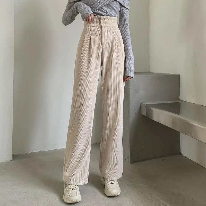 Retro Corduroy High Waist Buttoned Wide Leg Pants