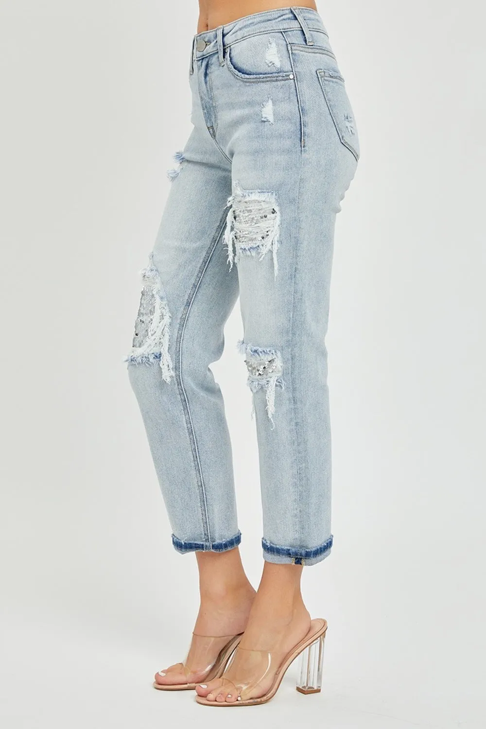 RISEN Mid-Rise Sequin Patched Jeans