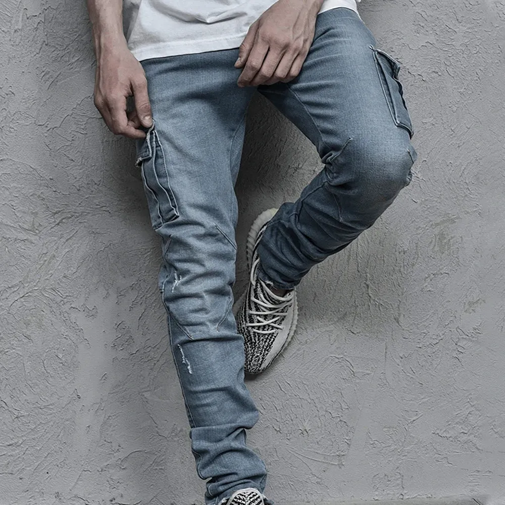 Slim Cut Denim Cargo Pants