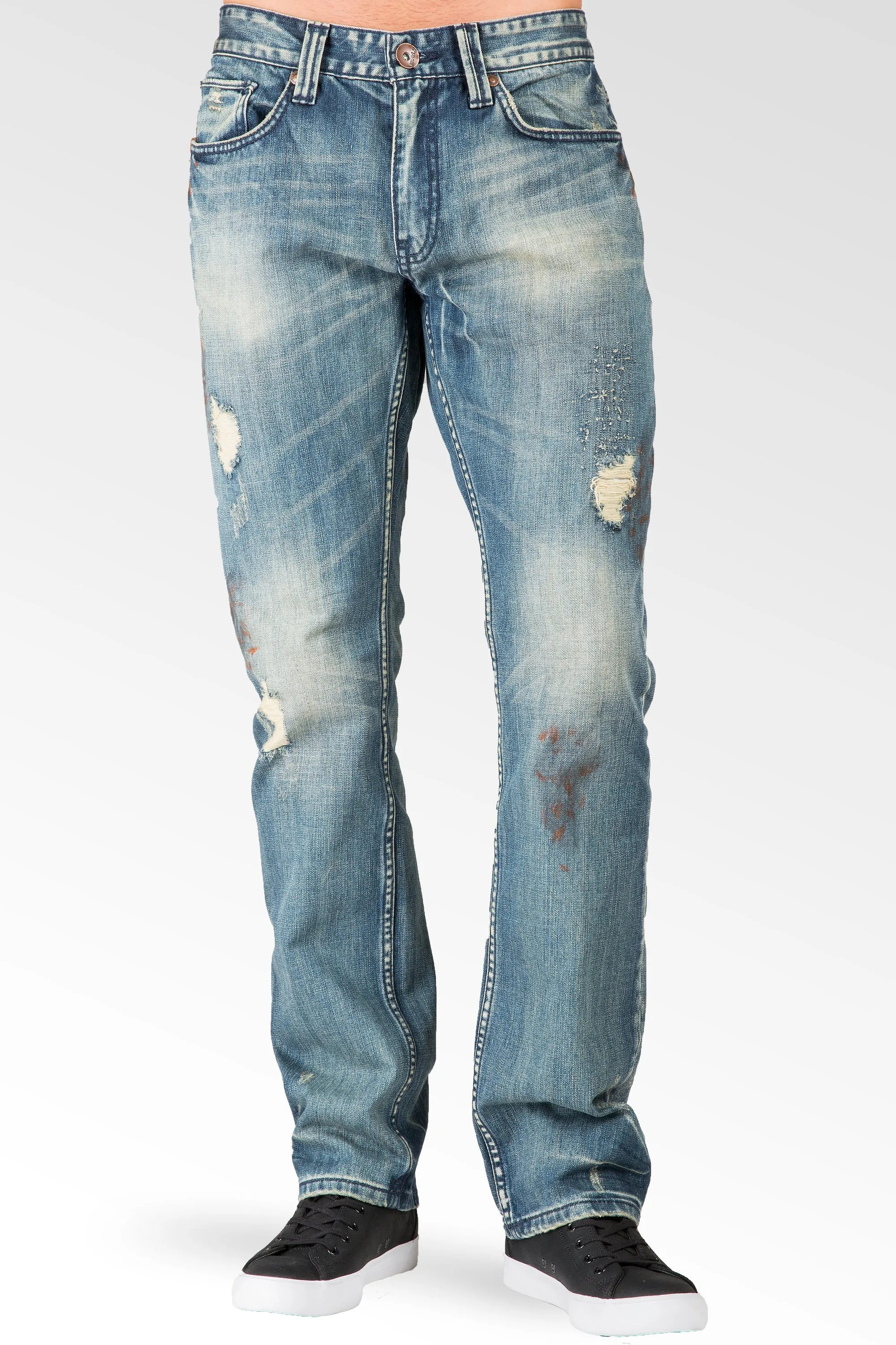 Slim Straight Premium Denim Rip & Tear Signature 5 Pocket Jeans Paint Smudging Sanding