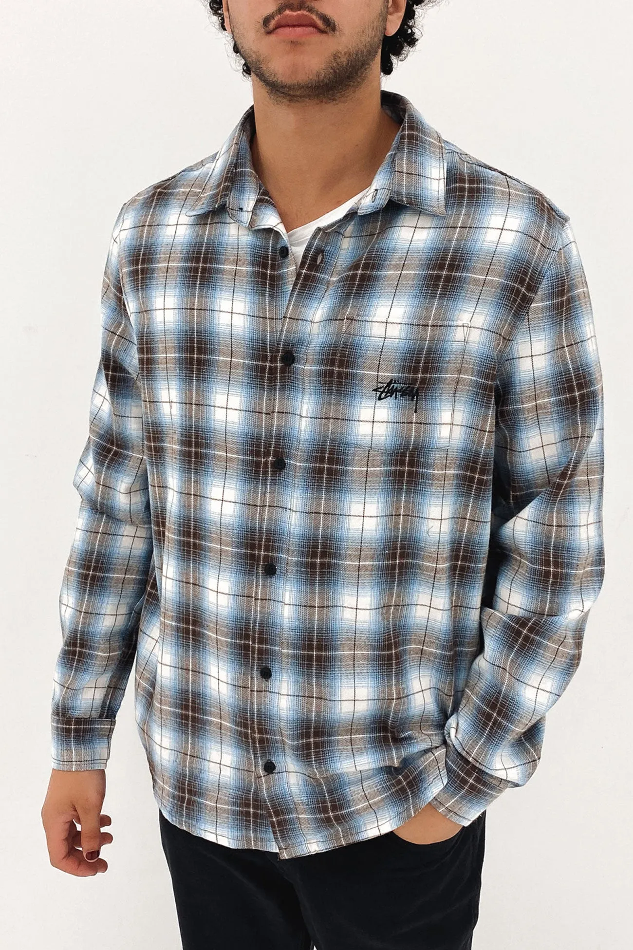 Stock Check Long Sleeve Shirt Black Blue