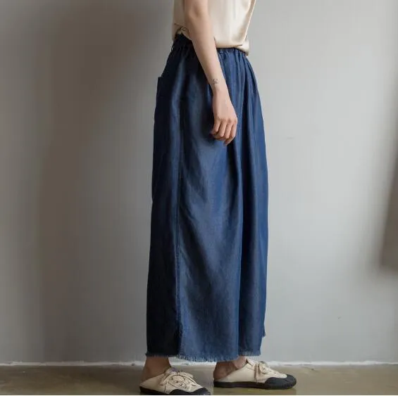 Summer Silk Denim Women Wide Legs Pants