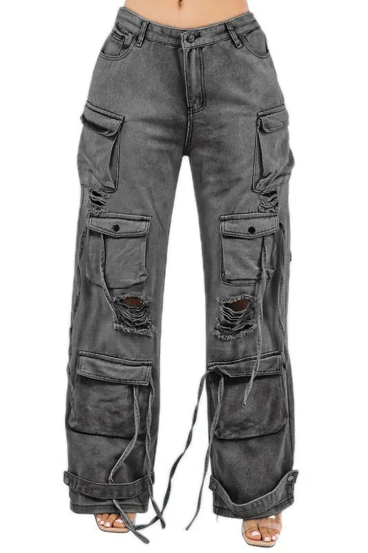 TEEK - DISTRESSED MESS CARGO DENIM PANTS