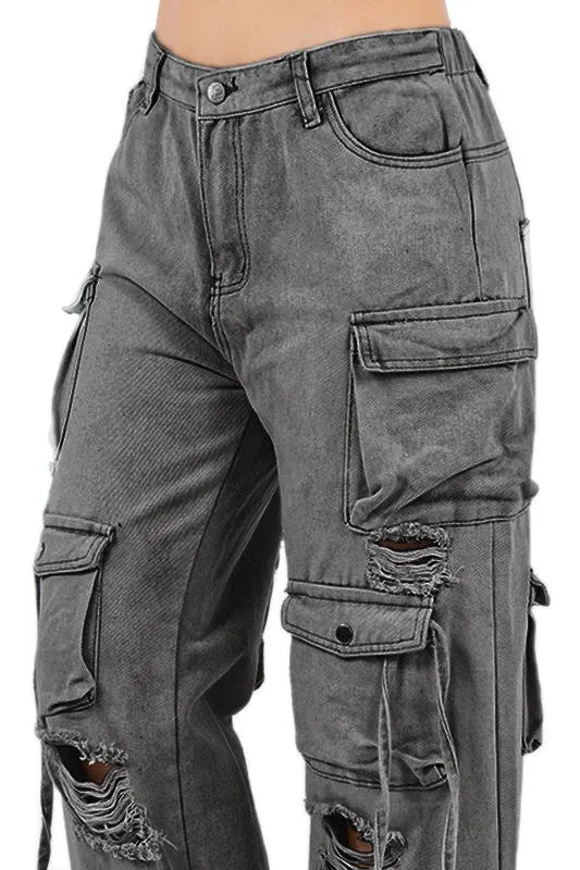 TEEK - DISTRESSED MESS CARGO DENIM PANTS