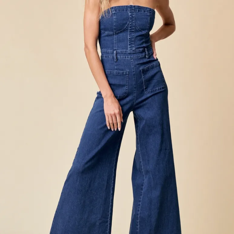 Tristan Strapless Wide Leg Denim Jumpsuit