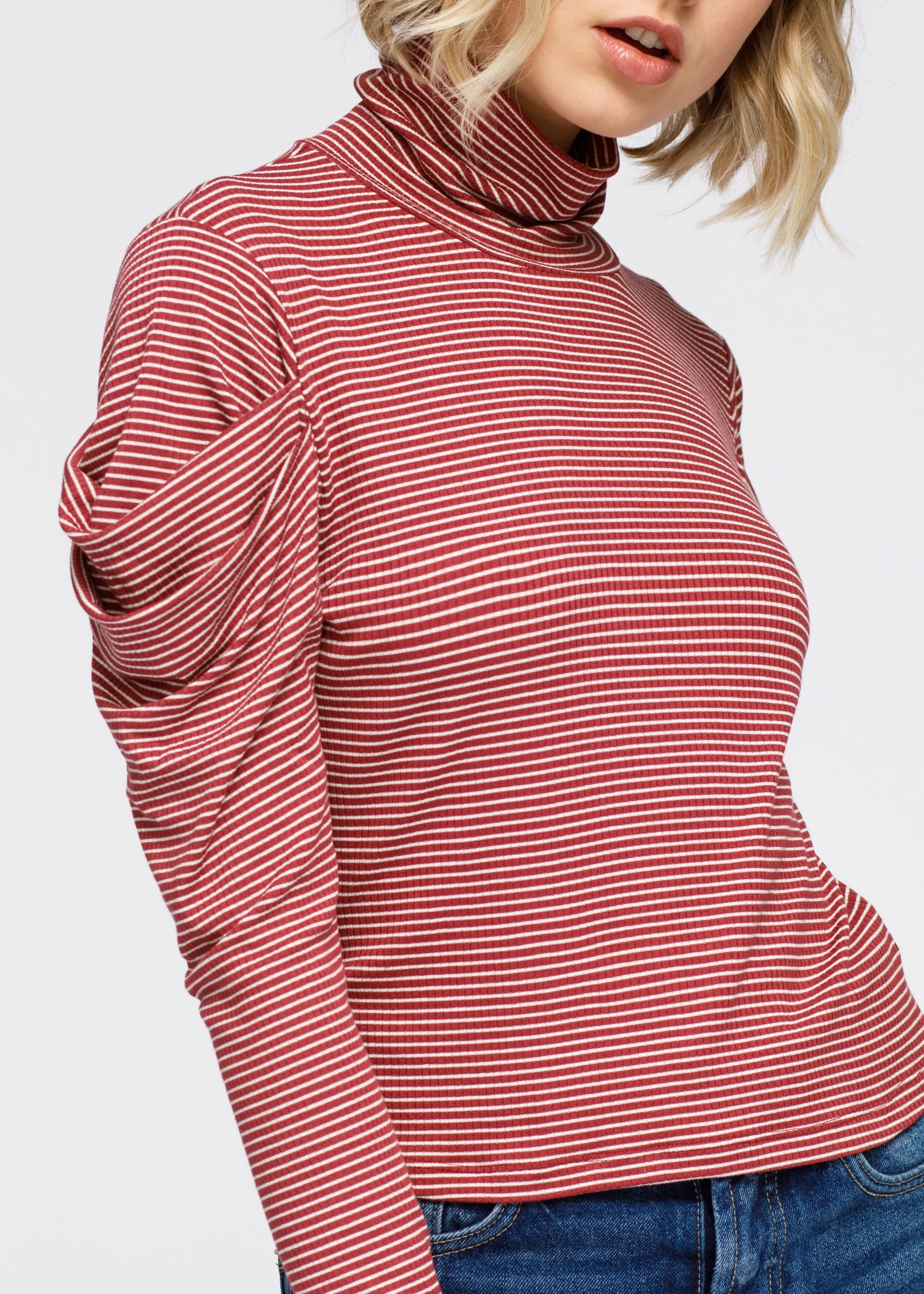 Turtle Neck Puff Sleeve Stripe Knit Top