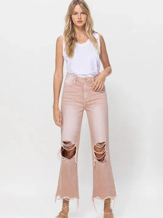 VERVET by Flying Monkey Vintage Distressed High Waist Flare Crop Jeans in Rose Pink