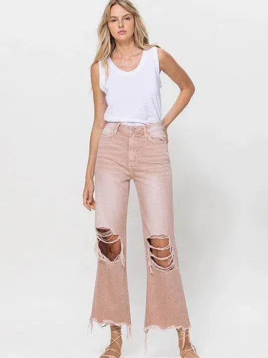 VERVET by Flying Monkey Vintage Distressed High Waist Flare Crop Jeans in Rose Pink