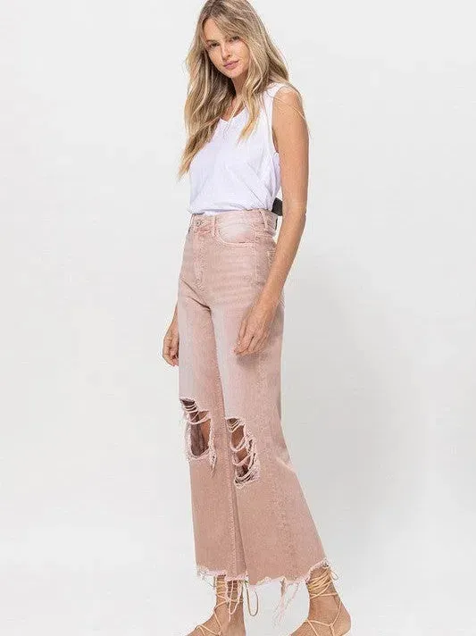 VERVET by Flying Monkey Vintage Distressed High Waist Flare Crop Jeans in Rose Pink