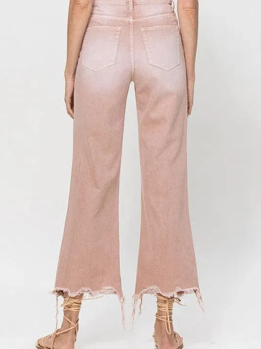 VERVET by Flying Monkey Vintage Distressed High Waist Flare Crop Jeans in Rose Pink