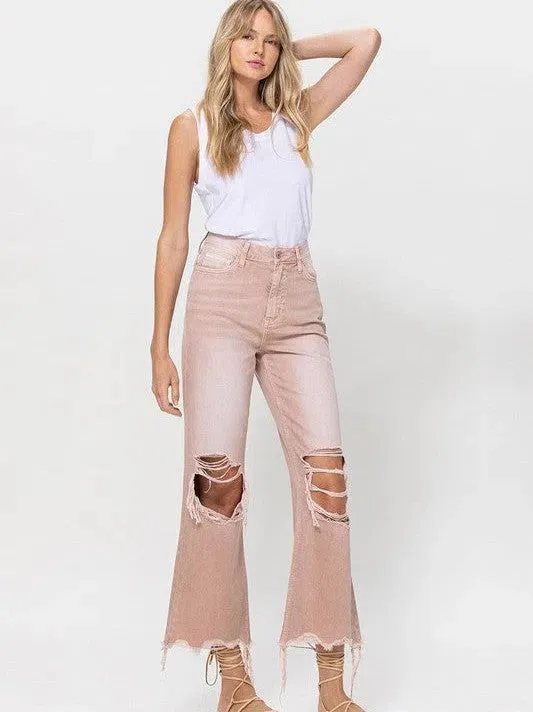 VERVET by Flying Monkey Vintage Distressed High Waist Flare Crop Jeans in Rose Pink