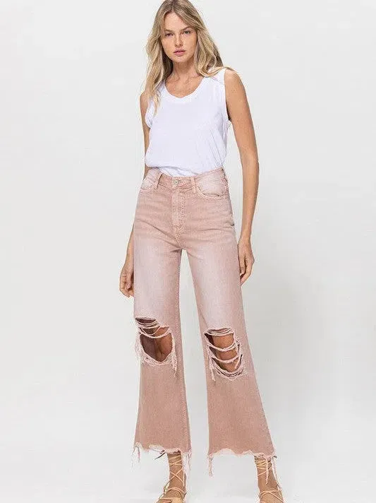 VERVET by Flying Monkey Vintage Distressed High Waist Flare Crop Jeans in Rose Pink