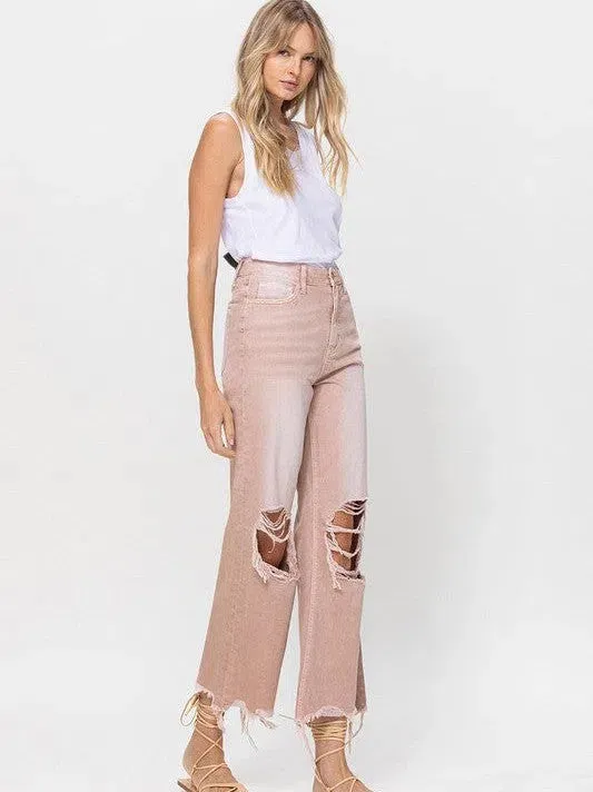 VERVET by Flying Monkey Vintage Distressed High Waist Flare Crop Jeans in Rose Pink