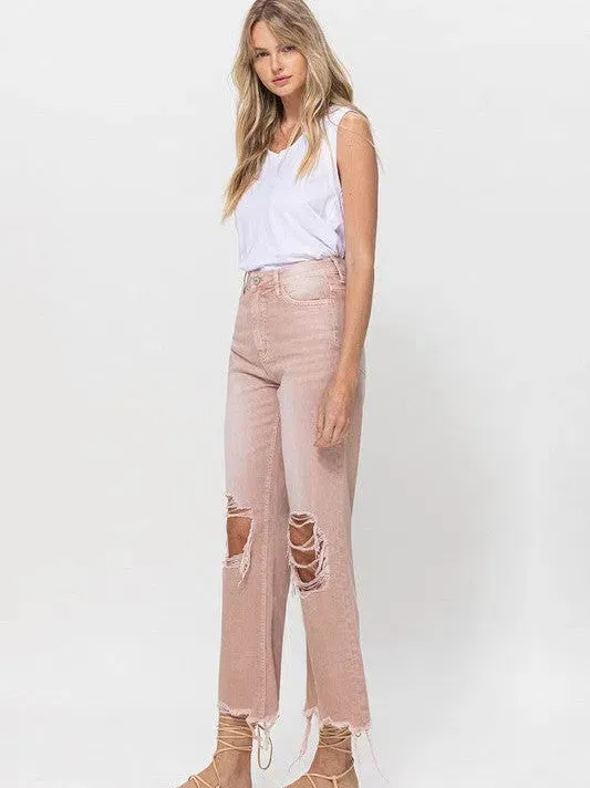 VERVET by Flying Monkey Vintage Distressed High Waist Flare Crop Jeans in Rose Pink