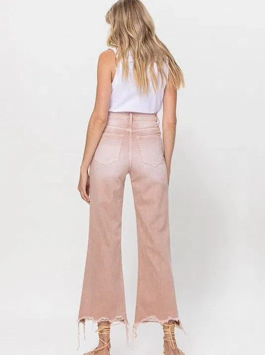 VERVET by Flying Monkey Vintage Distressed High Waist Flare Crop Jeans in Rose Pink