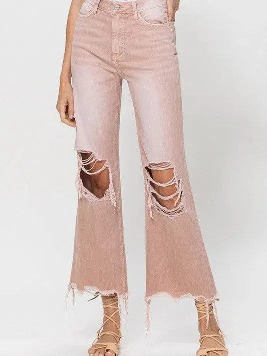 VERVET by Flying Monkey Vintage Distressed High Waist Flare Crop Jeans in Rose Pink