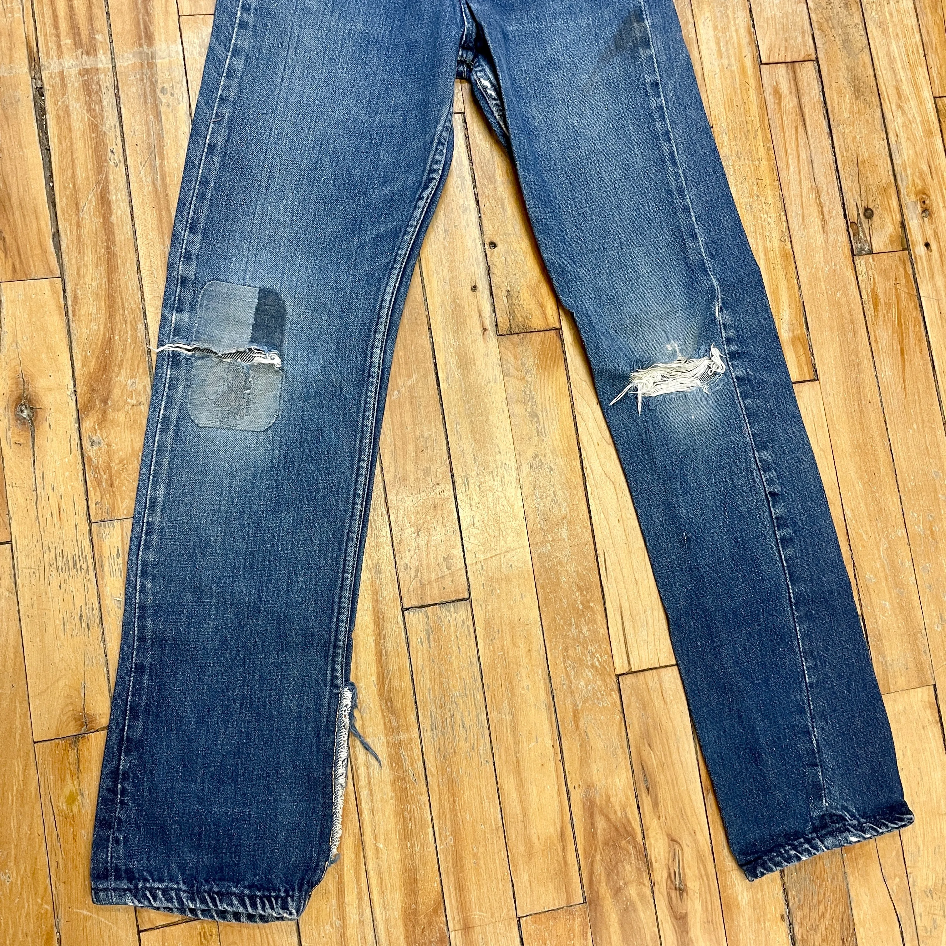 Vintage Mid-Century Patched Perfection Circle S High Waisted Ranch Selvedge Denim Jeans Petite/Youth 23" Waist