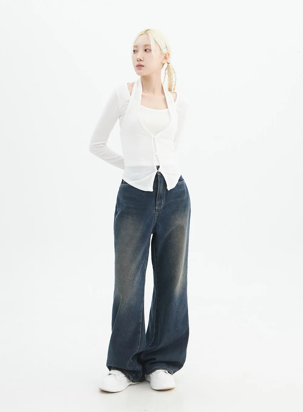 Washed Wide Leg Denim Jeans IN328