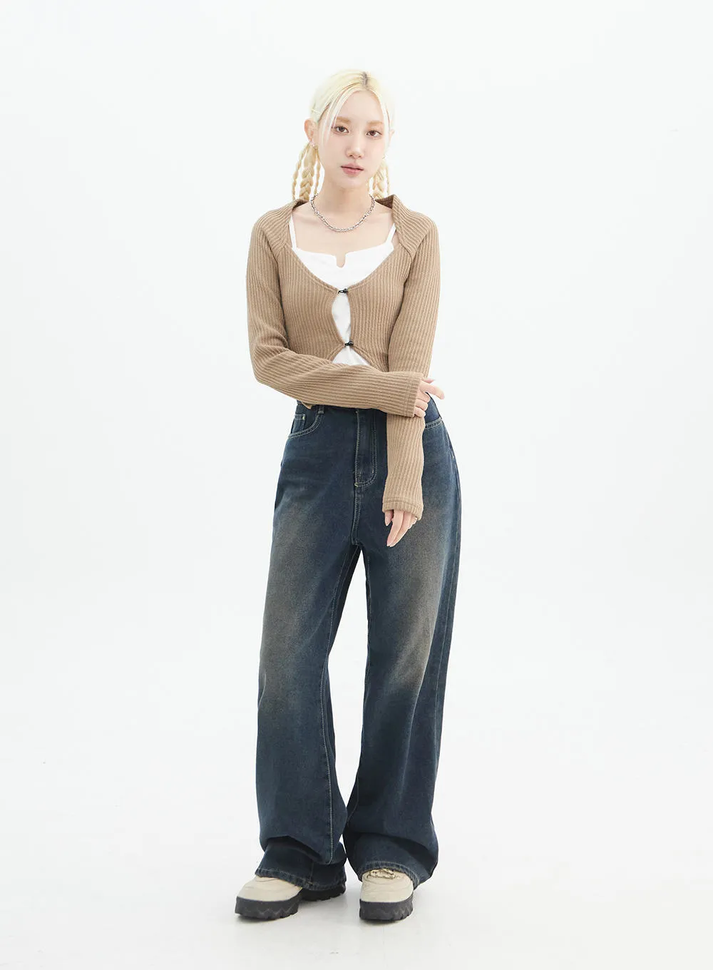 Washed Wide Leg Denim Jeans IN328