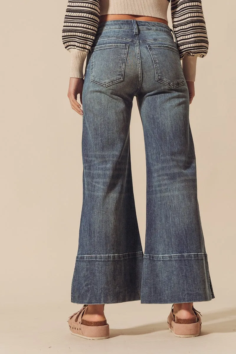 Wide Leg Flare Denim Jeans with Side Slits