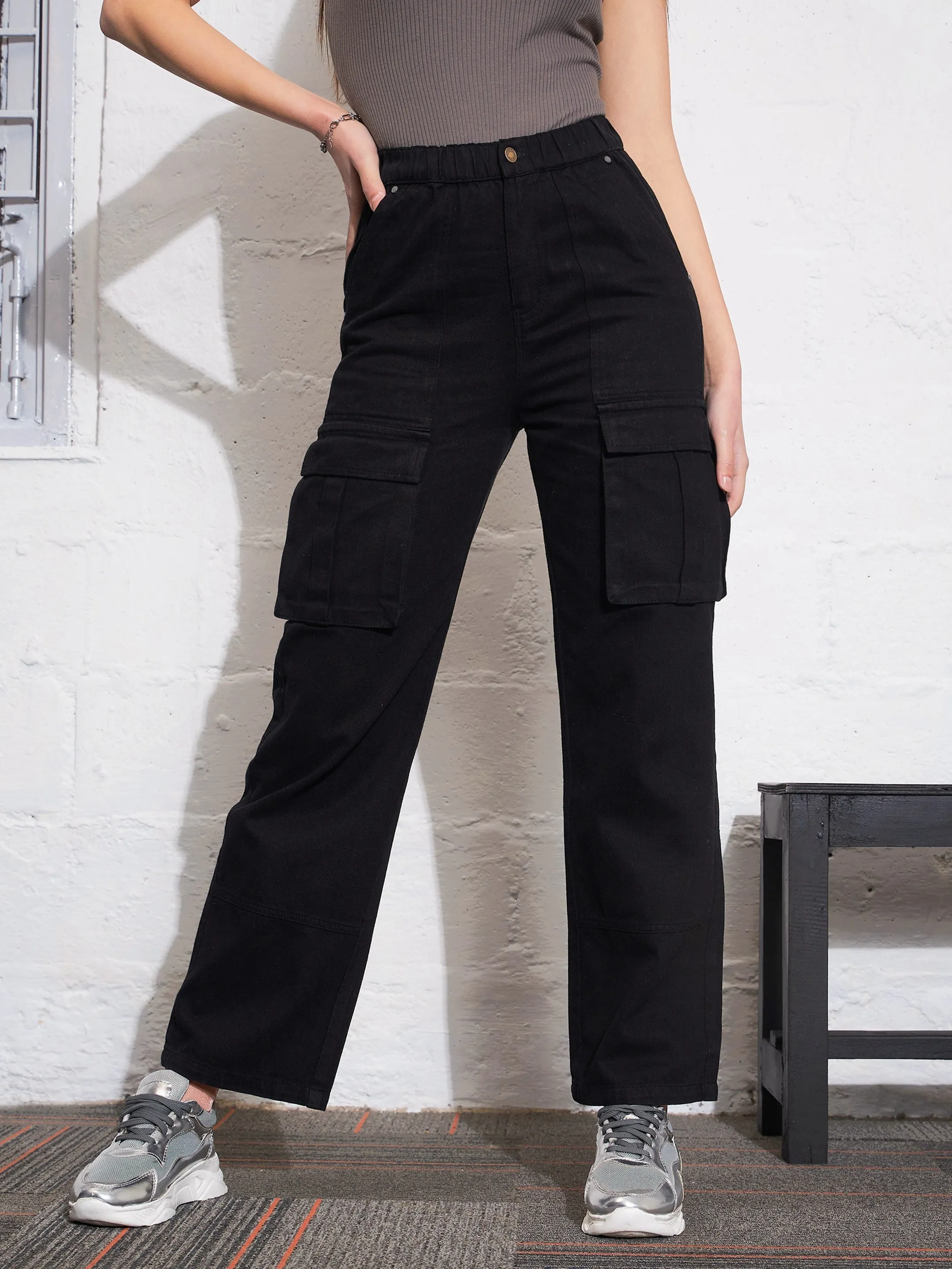 Women Black Box Pocket Cargo Jeans