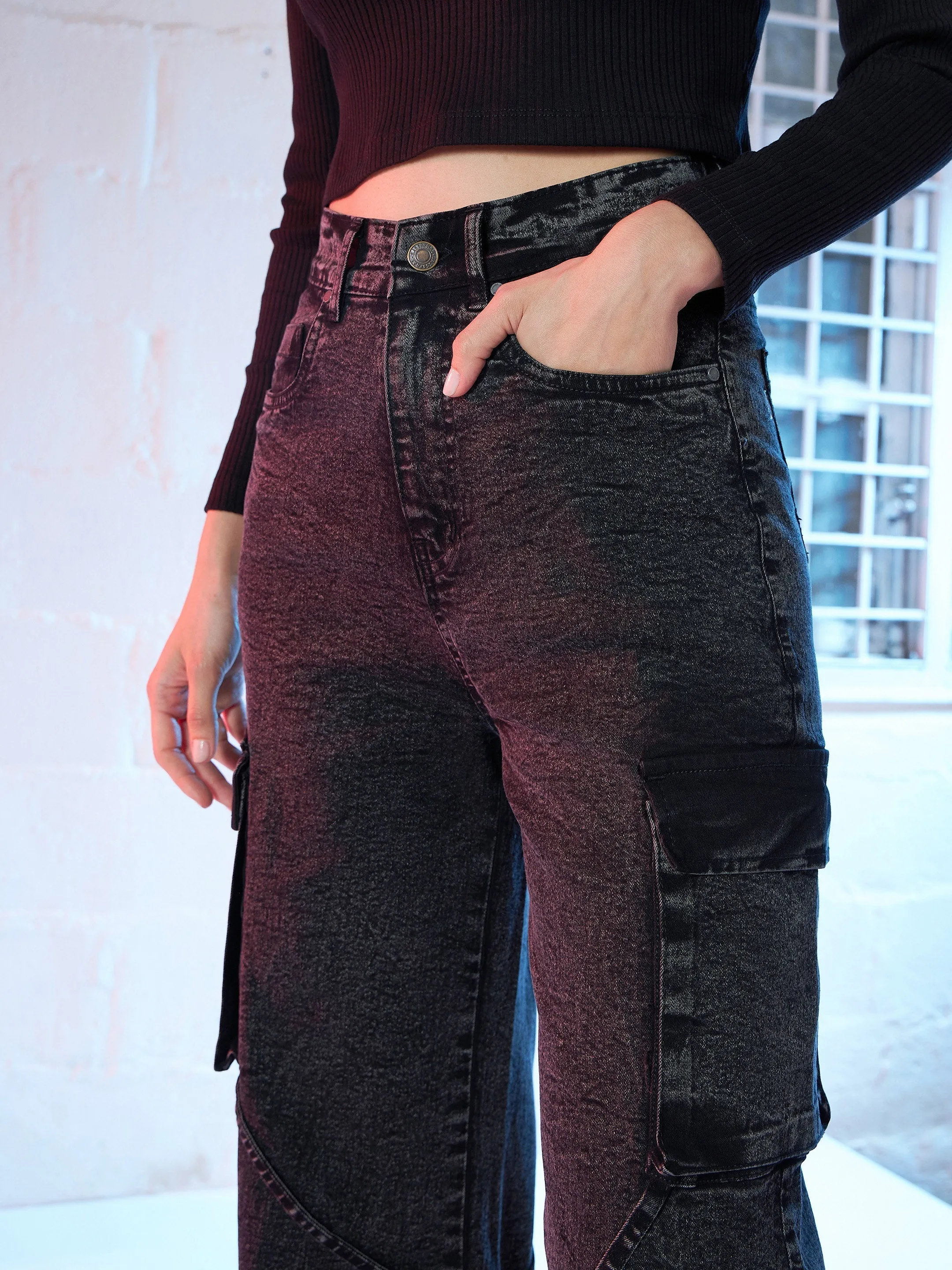 Women Black Denim Straight Fit Cargo Jeans