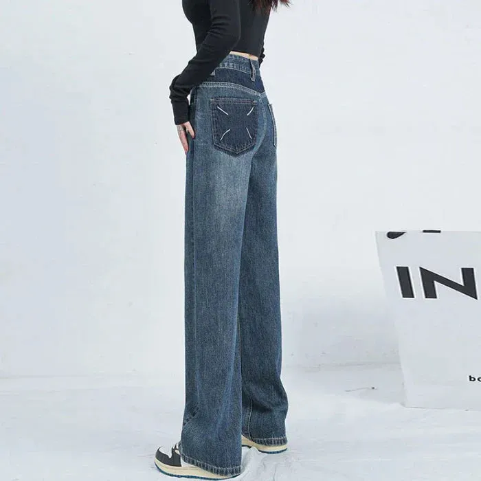 Women High Waist Loose Straight Large Size Retro Wide-Legged Dragging Jeans