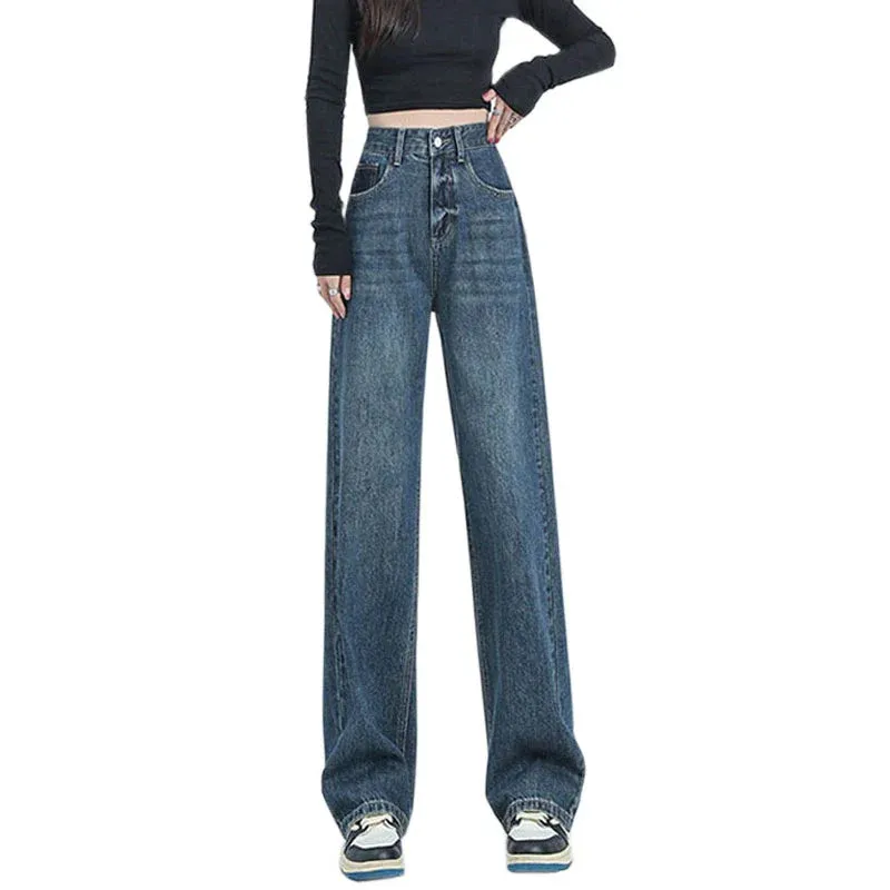 Women High Waist Loose Straight Large Size Retro Wide-Legged Dragging Jeans