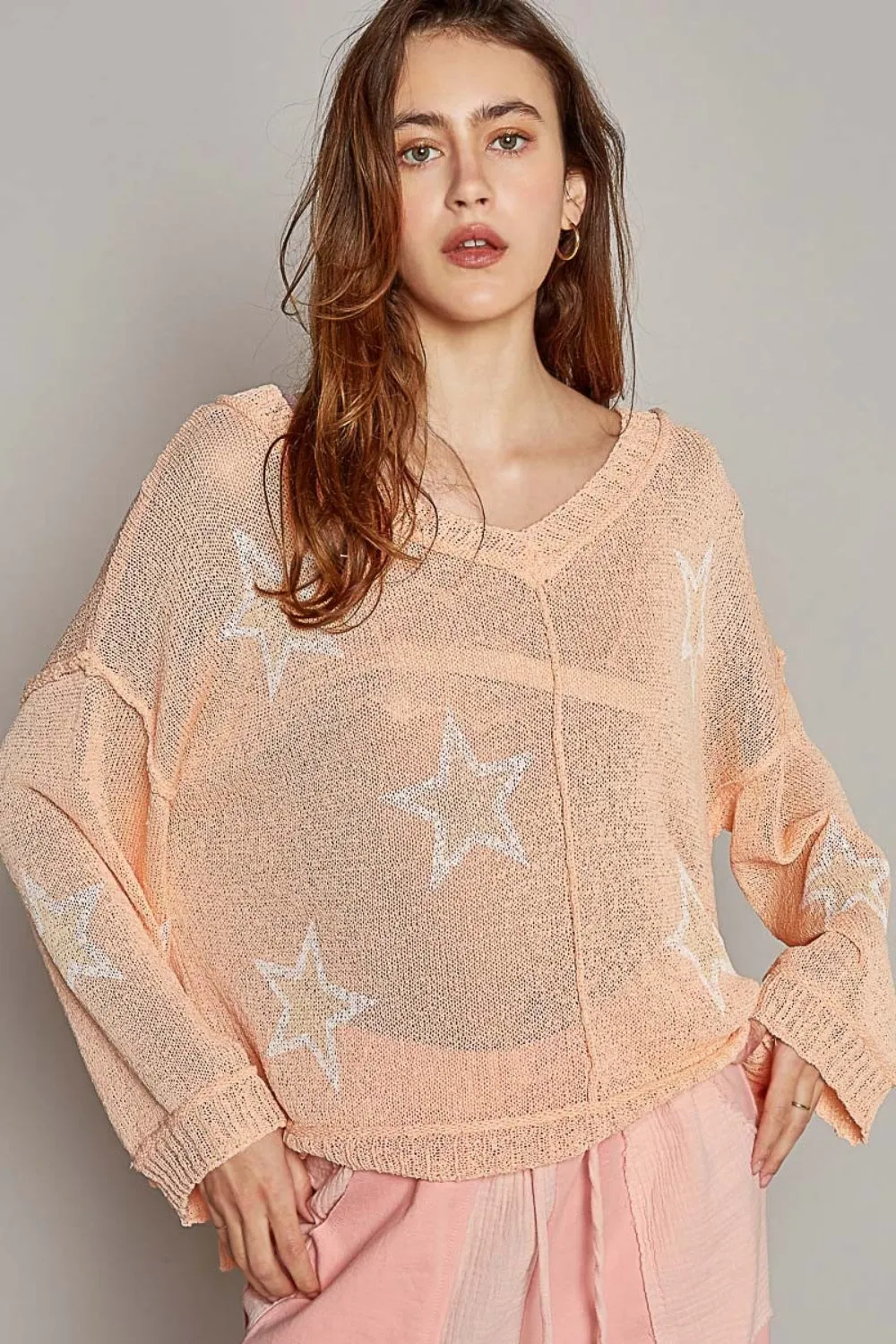 Women's POL V-Neck Long Sleeve Star Print Knit Top